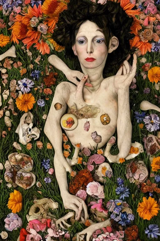 Image similar to a woman laying ing on a bed of flowers and bones, large eyes and lips, HD Mixed media collage, depth of field, highly detailed and intricate, surreal illustration in the style of Caravaggio and Egon Schiele, baroque dark art