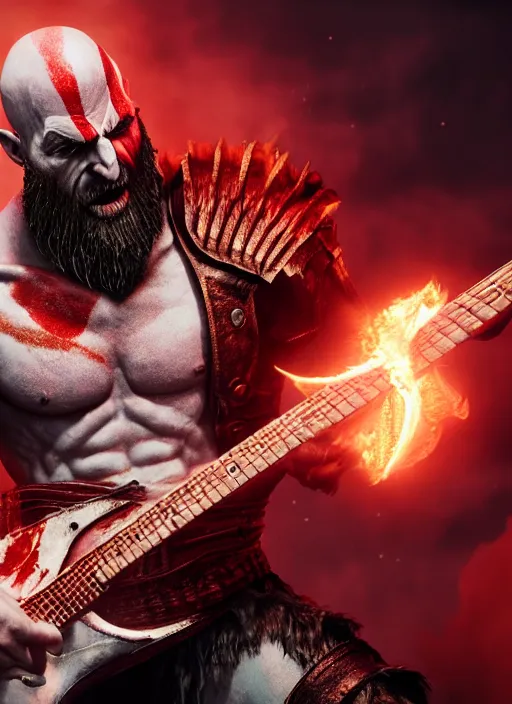 Image similar to red facial stripe armored screaming kratos rocking hard on a flaming stratocaster guitar, cinematic render, god of war 2 0 1 8, playstation studios official media, lightning, flames, clear, coherent, guitar, guitar, guitar