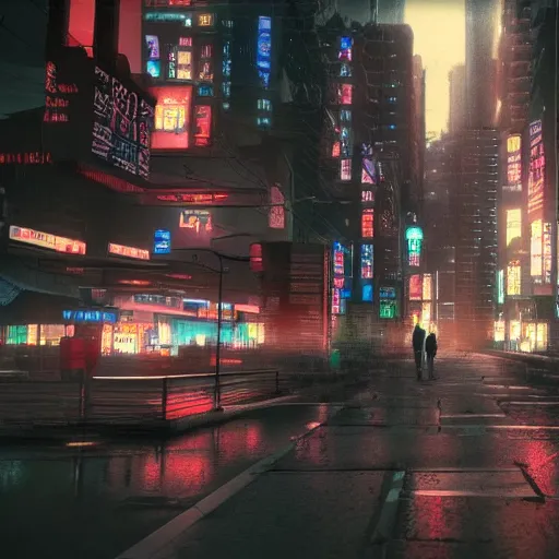 Image similar to “photrealistic 8k render of a cyberpunk anime city in the rain, Ufotable, Kyoto Animation, White Fox”