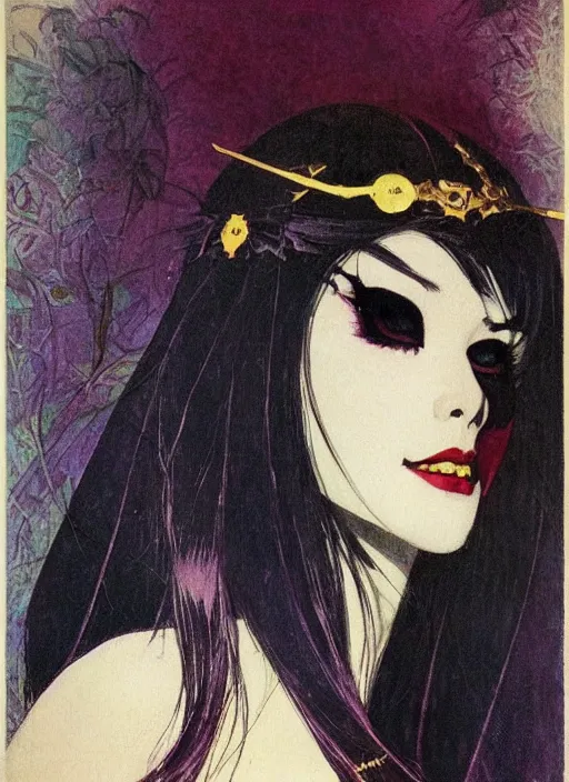 Image similar to portrait of mighty korean vampiress, jeweled veil, strong line, saturated color, beautiful! coherent! by frank frazetta, high contrast, minimalism