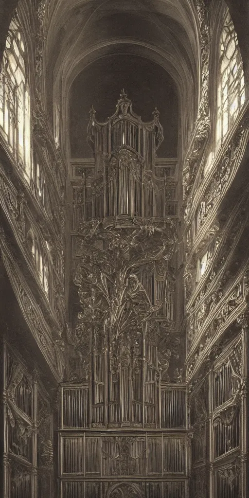 Image similar to pipe organ ghost intricately carved from dark smoke, high detail baroque oil painting, golden ratio, volumetric light, godrays, terrifying geometry, alan lee, caravaggio, michelangelo