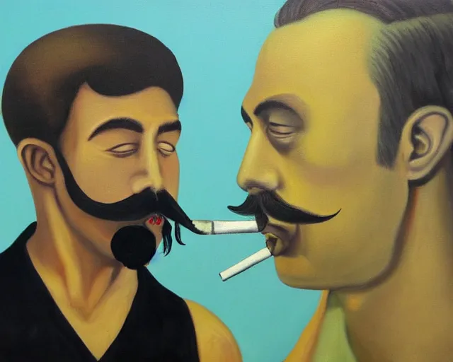 Prompt: a surreal painting of a young man with a fu manchu mustache smoking a joint