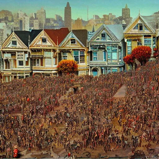 Image similar to painted ladies in san francisco swarmed by an army of zombies. painting by michael walen and bruce pennington.