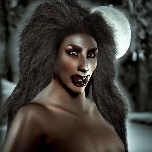 Image similar to woman transforming into a werewolf at night and covered with black realistic fur, ultra detail, unreal engine 5, 8 k