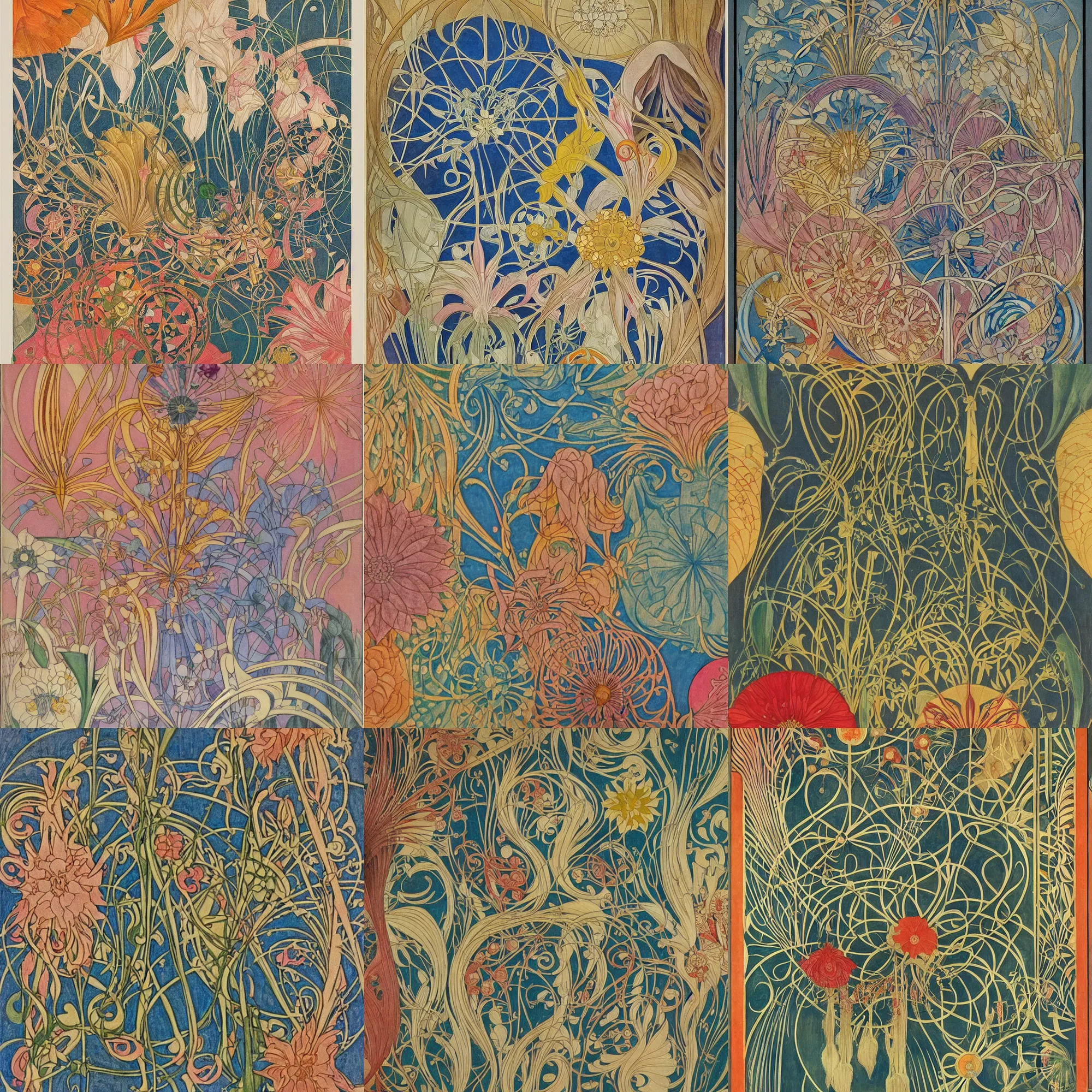 Prompt: flower ( ( art deco ) ) ( ( art nouveau ) ), intricate detail, ( colorful ), ( symmetrical ), by ( hilma af klint ) and escher and ( botticelli ) and frank lloyd wright and ( ( james jean ) )