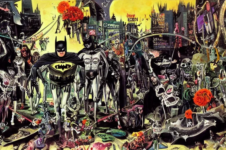 Image similar to scene from batman, day of the dead, cyber skeleton, neon painting by otto dix