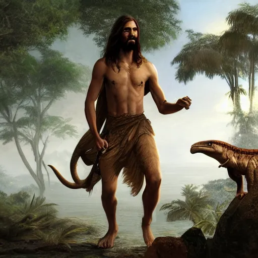 Prompt: a detailed matte painting of a ridiculously good looking jesus who is exploring the prehistoric jungle with his pet velociraptor, elegant ancient greek dress, jungle as the background, very detailed, beautiful, intricate, art by greg rutkowski and robert e howard, octane render