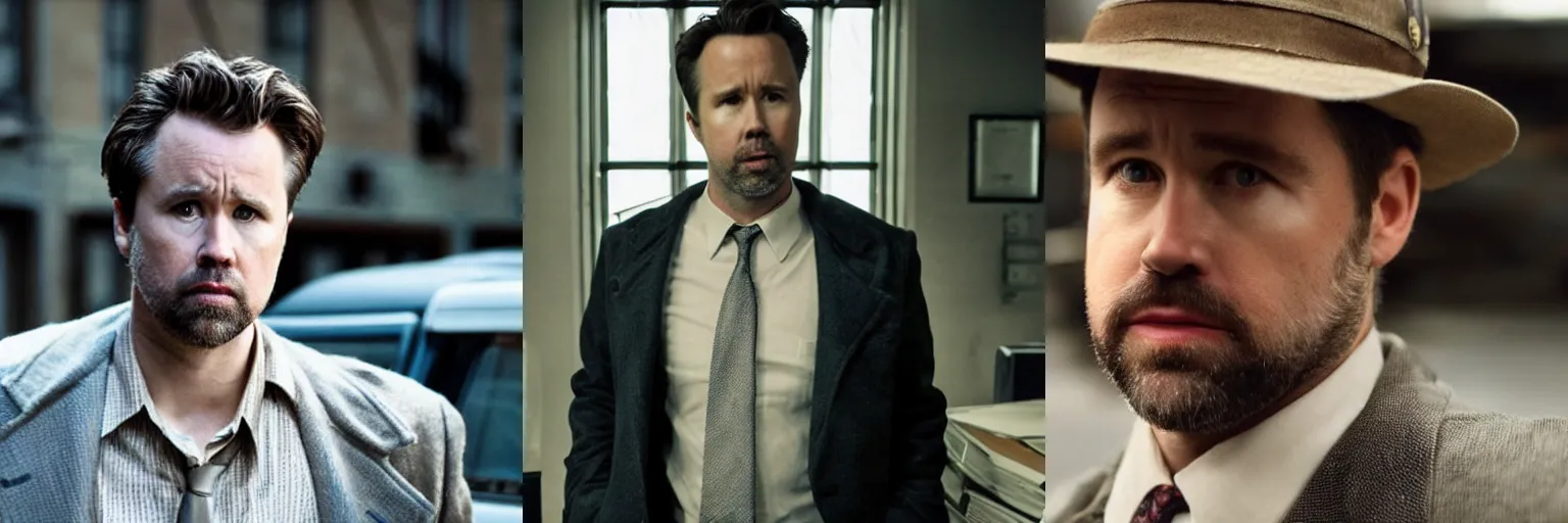 Prompt: close-up of Rob McElhenney as a detective in a movie directed by Christopher Nolan, movie still frame, promotional image, imax 70 mm footage