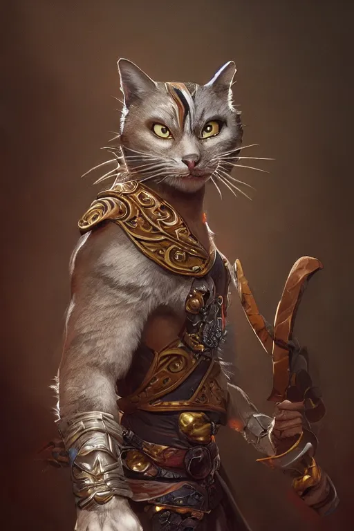 Prompt: a anthropomorphic cat warrior, diffuse lighting, intricate, elegant, highly detailed, lifelike, photorealistic, digital painting, artstation, illustration, concept art, smooth, sharp focus, naturalism, trending on byron's - muse, by greg rutkowski and greg staples octopath traveler