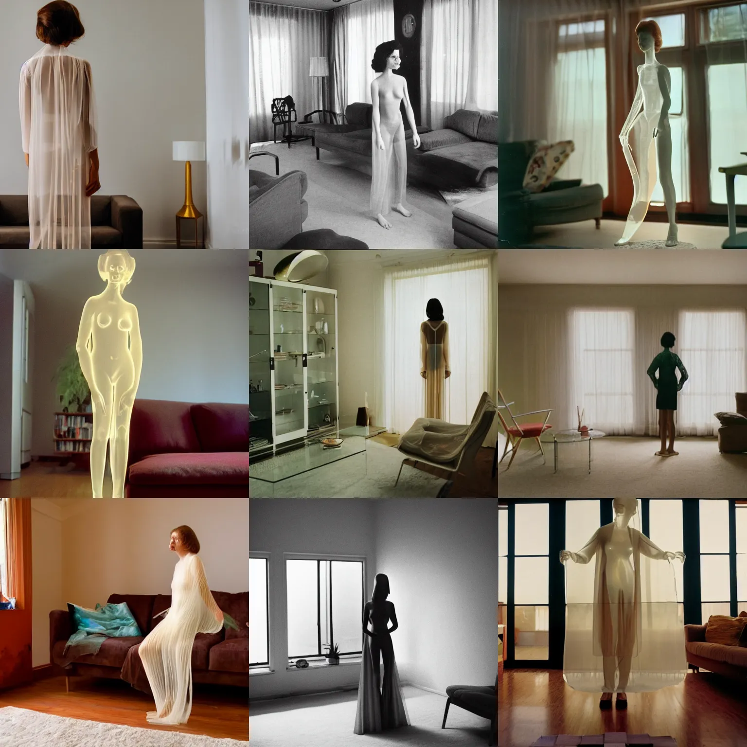 Prompt: a translucent lady standing in a 1 9 7 0 s living room