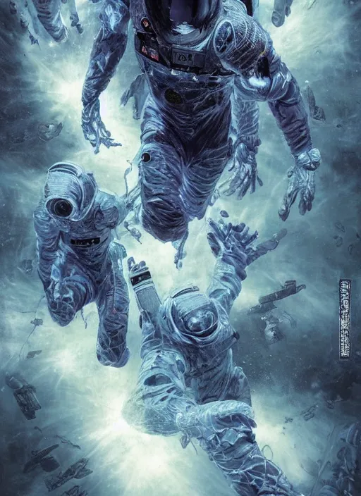 Image similar to astronauts in dark void underwater - complex and hyperdetailed technical suit. reflection and dispersion materials. rays and dispersion of light. volumetric light. f / 3 2. noise film photo. flash photography. ultra realistic, wide angle. poster by wayne barlowe, hajime sorayama aaron horkey, craig mullins