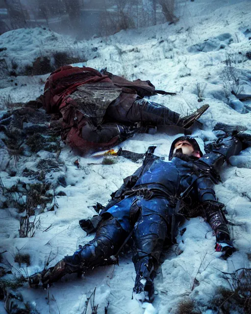 Image similar to Highly realistic oil painting of a wounded knight lying in the snow, surrounded by blue flowers, blood on flowers, by greg rutkowski, highly detailed, cinematic lighting, moody, dark