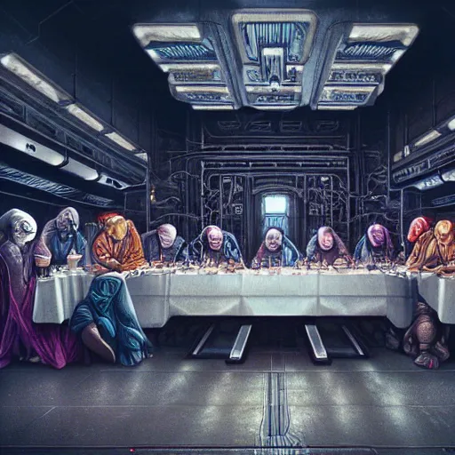 Image similar to the last supper, cyberpunk, futuristic, scify, insanely detailed, trending on artstation, dan mumford, houdini render, digital art