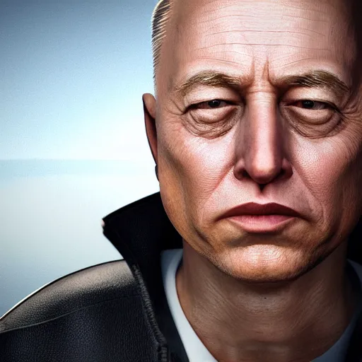 Image similar to photo realistic, uncanny valley, hyper realistic, 8 k, octane render, vray, portrait of a very wrinkly elon musk wearing a flabby jeff bezos skin suit, dead shiny black shark eyes saggy skin, melted face, entire head, bald