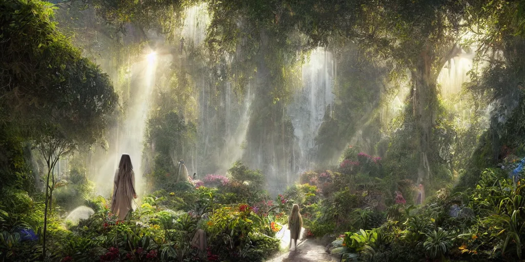 Image similar to long shot of a bright sun shining through a gardens in the bay interior, mystical woman wearing a cloak walking in over grown botanical garden, pre raphaelite, atmospheric, ground mist, waterfalls, light streams, style of gardens in the bay singapore, art by artgerm, sharp, intricate detail,