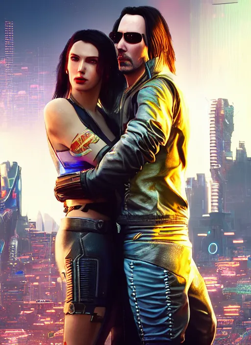 Image similar to a cyberpunk 2077 couple portrait of a Keanu Reeves as johnny silverhand and a female android in final kiss,love,fantasy, intricate, elegant,film lighting,artstation,deviantart,FAN ART,full of color,Digital painting,face enhance,highly detailed,8K,octane,golden ratio,cinematic lighting