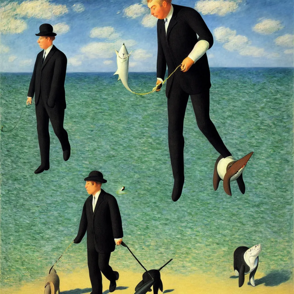 Prompt: portrait of a business man walking his pet shark, by rene magritte, monet, and turner