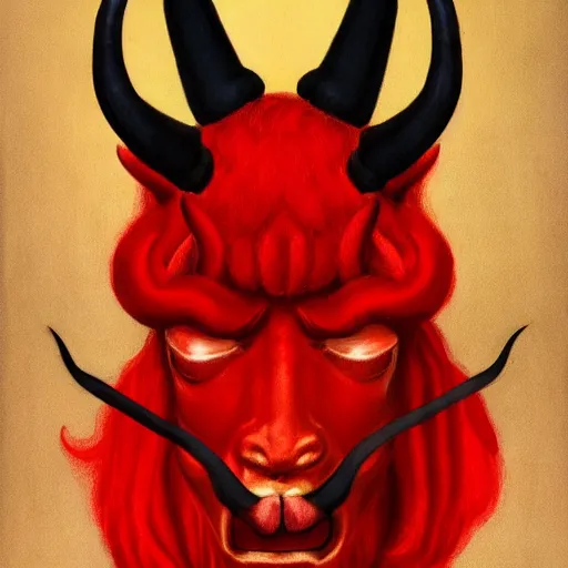 Image similar to a red and evil satan with horns and hooves by Raphael, Hopper, and Rene Magritte. detailed, romantic, enchanting, trending on artstation.