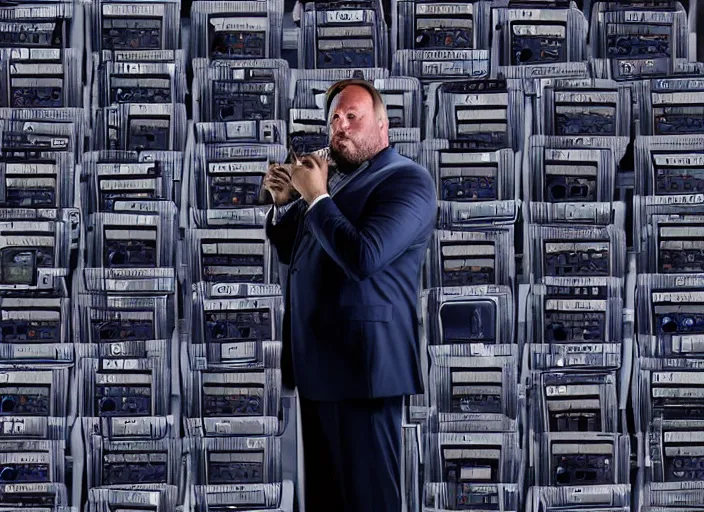 Image similar to dslr photo still of infowars host alex jones in a blue suit fat grey beard and mustache!!! sitting depressed!!! in a room filled to the ceiling with cell phones stacks of cell phones cell phones stacks cell phones filling the entire room, 5 2 mm f 5. 6