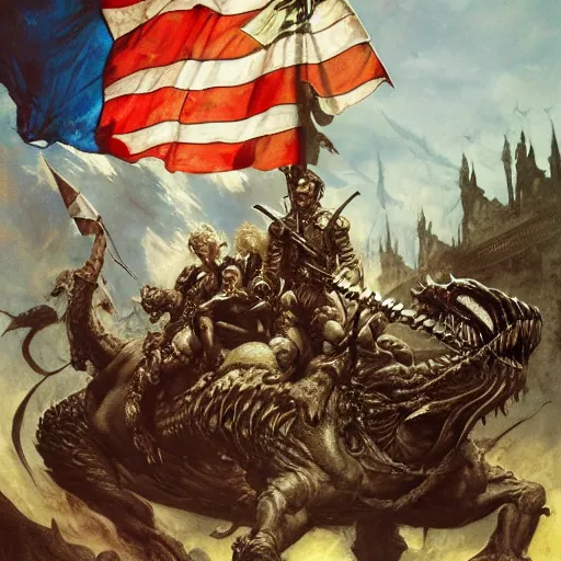 Image similar to an army of draconians riding beasts with flag bearers and trumpeters, intricate detail, royo, vallejo, frazetta, giger, whealan,