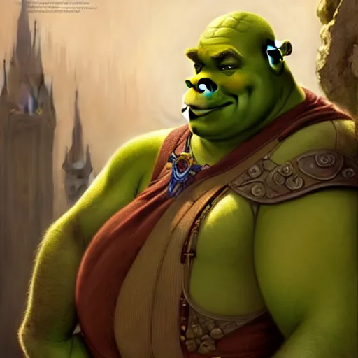 Image similar to Shrek from dreamswork, muscular upper body, D&D, fantasy, intricate, elegant, highly detailed, digital painting, artstation, concept art, smooth, sharp focus, illustration, art by artgerm and greg rutkowski and alphonse mucha