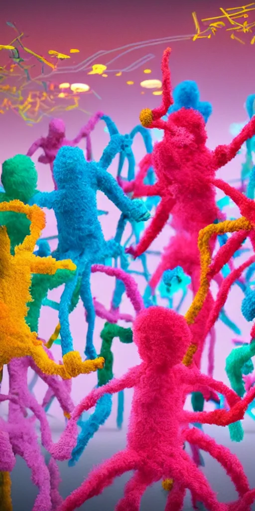 Image similar to group of giant sakura-colored people dancing made out of fluffy pipecleaners in the style of Jean-Michel Basquiat, 3D cinematic lighting, spotlight at a 90 DEGREE ANGLE, photorealism, octane render, depth of field, 8k, 35mm, artgem, Trending on artstation