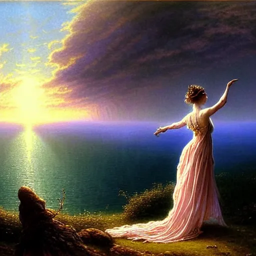 Prompt: an elegant fairy queen in a blue lace dress dancing looking out at a lord of the rings scenery landscape, staring across the sea at a white timber sail boat, sunrise, god's rays highly detailed, vivid colour, soft clouds, floral sunset, cinematic lighting, perfect composition, gustave dore, derek zabrocki, greg rutkowski, belsinski