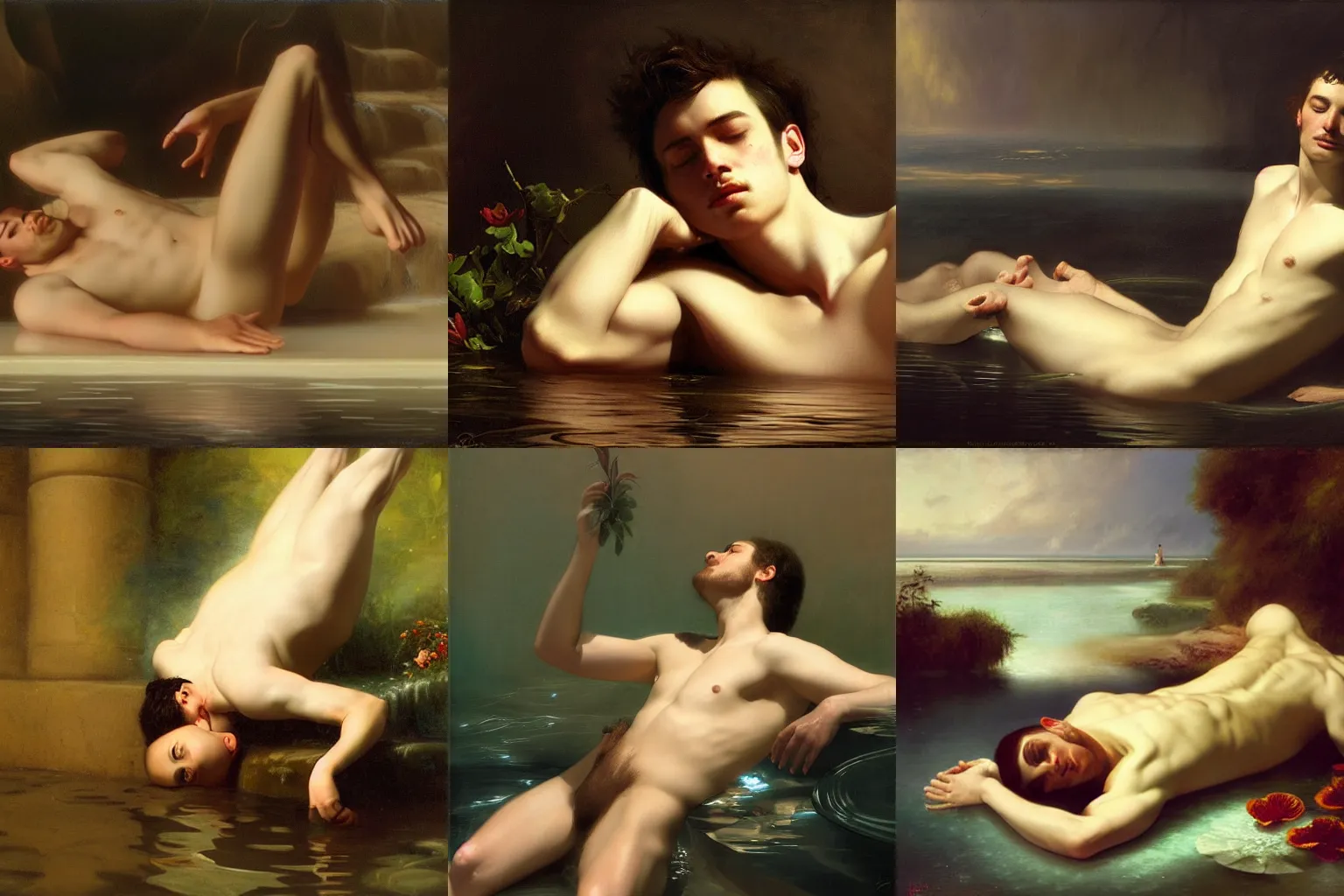 Prompt: boy laying on water, sensual, magical mood, background exotic flowers, dark, rim light, shimmering, by roberto ferri