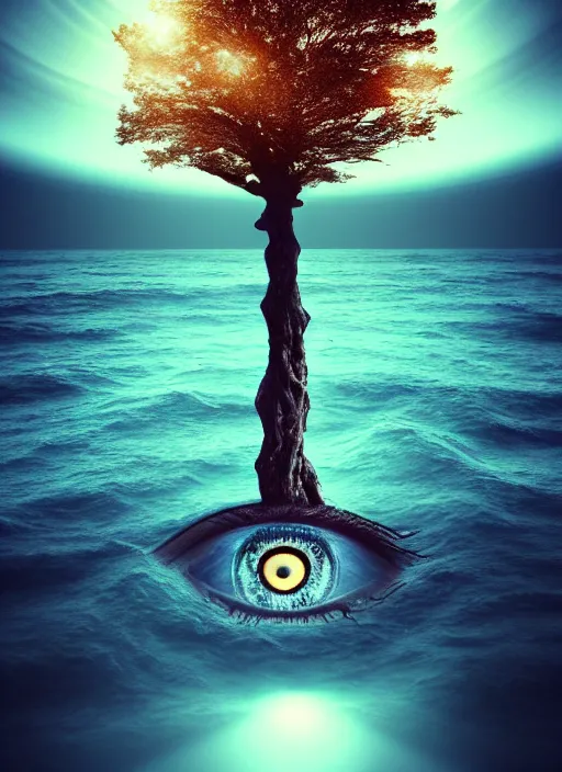 Image similar to a god tree from which planets or galaxies hang instead of futas, the tree is on top of a calm sea, in the background there is an eye whose iris coincides with the tree. fantasy art, horror, nightmare, photo realistic, dynamic lighting, artstation, poster, volumetric lighting, very detailed faces, 4 k, award winning