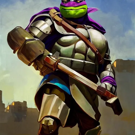 Image similar to greg manchess portrait painting of armored donatello of tmnt as overwatch character, medium shot, asymmetrical, profile picture, organic painting, sunny day, matte painting, bold shapes, hard edges, street art, trending on artstation, by huang guangjian and gil elvgren and sachin teng