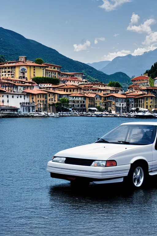 Image similar to Photo of a white 1997 Ford AU Falcon parked on a dock with Lake Como in the background, wide shot, daylight, blue sky, summer, dramatic lighting, award winning, highly detailed, 1980s, luxury lifestyle, fine art print, best selling.