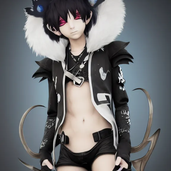 Prompt: 3D render of a cute emo anime boy with cat ears and tail, fantasy artwork, fluffy, close-up, award winning, hyper detailed, very very very beautiful, studio lighting, artstation, unreal engine, unreal 5, 4k, octane renderer