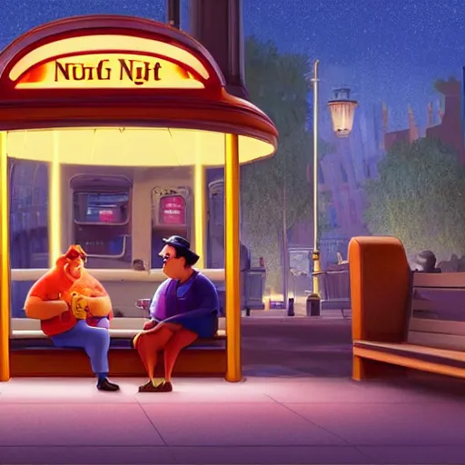 Prompt: a some people waiting in a lone bus stop in quiet dark city night in Disney Pixar's Up,detailed