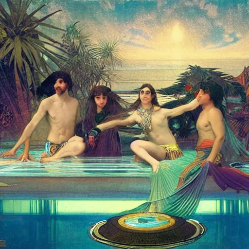 Image similar to Floating palace, refracted sparkles of the moon, thunderstorm, greek pool, beach and Tropical vegetation on the background major arcana sky, by paul delaroche, alphonse mucha and arnold böcklin, hyperrealistic 8k, award-winning, very very very detailed