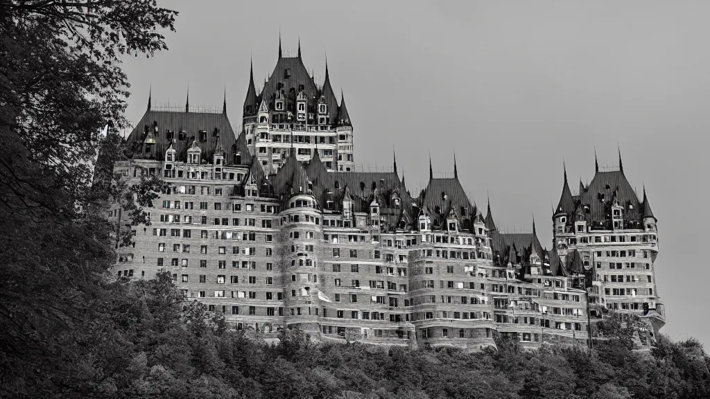 Prompt: Quebec Chateau Frontenac Castle in the style of Scary Stories to tell in the Dark