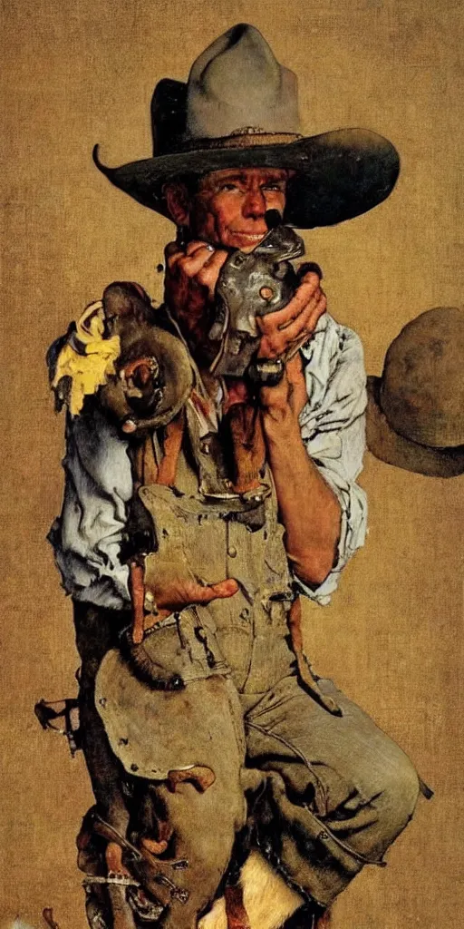 Prompt: “ ( ( ( ( ( cowboy wearing a miniature hat ) ) ) ) ) by norman rockwell!!!!!!!!!!!!!!!!!!!!! ”