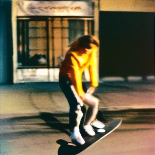 Image similar to Anna Akhmatova skateboarding, 90s polaroid, by Saul Leiter, Jamel Shabazz, Nan Goldin