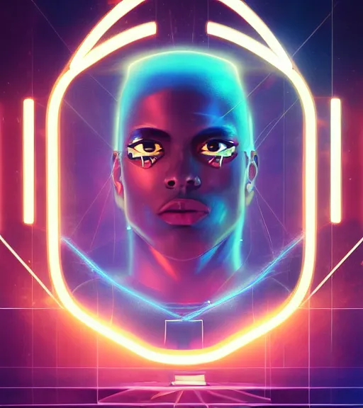 Image similar to symmetry!! egyptian prince of technology, solid cube of light, hard edges, product render retro - futuristic poster scifi, lasers and neon circuits, brown skin man egyptian prince, intricate, elegant, highly detailed, digital painting, artstation, concept art, smooth, sharp focus, illustration, dreamlike, art by artgerm