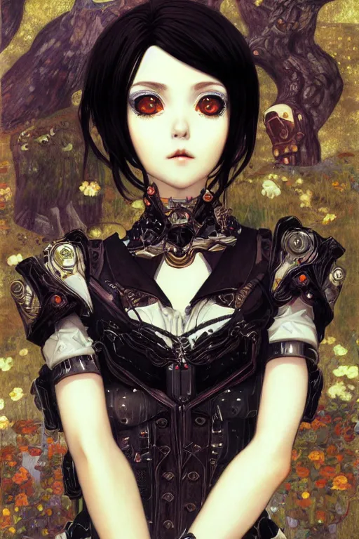 Image similar to portrait of beautiful young gothic cute anime maiden, cyberpunk, Warhammer, highly detailed, artstation, illustration, art by Gustav Klimt and Ilya Kuvshinov