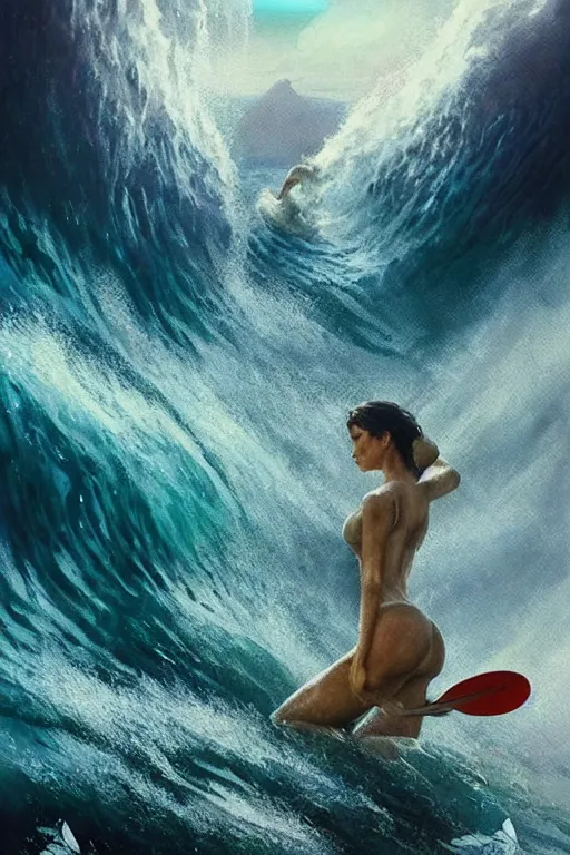 Image similar to movie poster, 2 0 0 mm, realistic photographed oil panting of a forbidden island, suicidegirls surfing beautiful waves, under the water are dead bodies and ghosts, supernatural colors, beautiful, dappled silver lighting, epic, atmospheric, highly detailed, horrific, 8 k, art by art by artgerm and greg rutkowski and edgar maxence