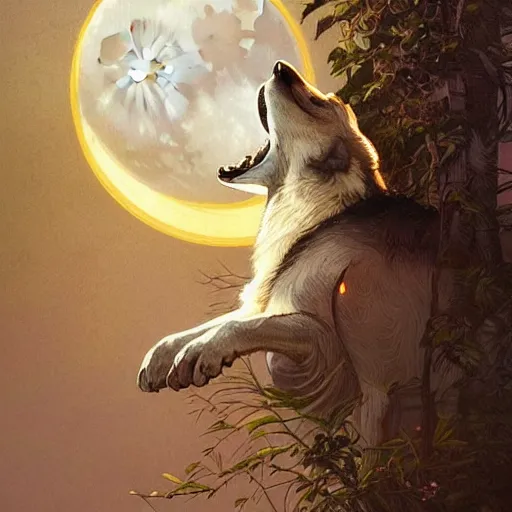 Image similar to Wolf, moon in the background, intricate, elegant, highly detailed, digital painting, artstation, concept art, smooth, sharp focus, illustration, art by artgerm and greg rutkowski and alphonse mucha