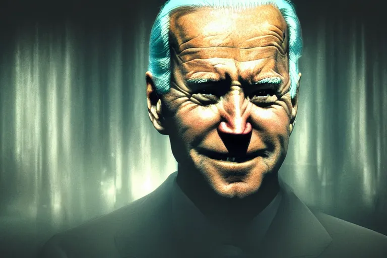 Image similar to creepy joe biden portrait stuck in the matrix, glitchy, buggy, playstation 1 graphics, low poly 3 d render, creepypasta, volumetric lighting, octane render, scary, award - winning, detailed, weird, close - up, featured on artstation, strange, off - putting, demonic, odd, atmospheric, ambient, spooky, beautiful