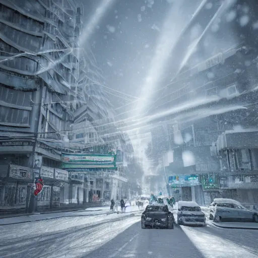 Image similar to Bangkok covered in snow and ice, volumetric lighting, light rays, photorealistic, ultrarealistic, coronarender, 8k