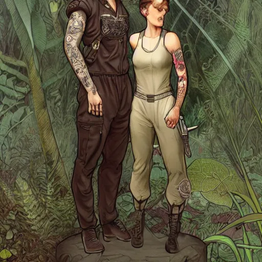 Prompt: short - haired tattooed heroic stoic handsome muscular blonde butch tomboy woman engineer in jumpsuit standing beside dark fae feathered modest gothic jennifer connelly, standing together in a beautiful lush garden at night, in love, highly detailed, trending on art station, mucha