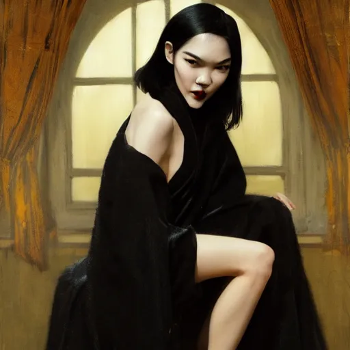 Image similar to detailed cinematic wide shot of beautiful attractive tao okamoto asian vampire woman wearing black bath robe slim face symettrical face clean skin black eyes black robe smooth, sharp focus, ultra realistic, spring light, painting by gaston bussiere, craig mullins, j. c. leyendecker