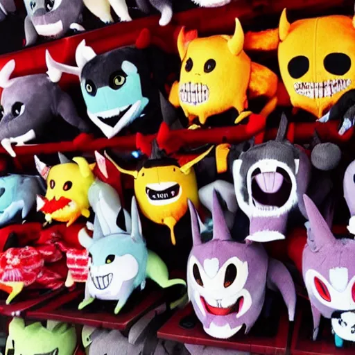 Image similar to scary demon plushies being sold at an amusement park, devilish, haunting, nightmare