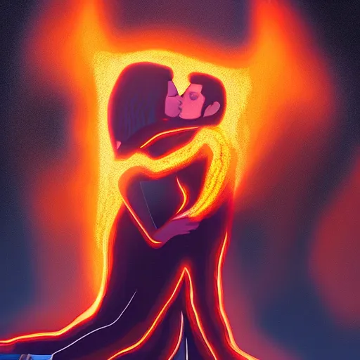 Image similar to young lovers looking into each others eyes while fire burns all around them, digital art high detail,