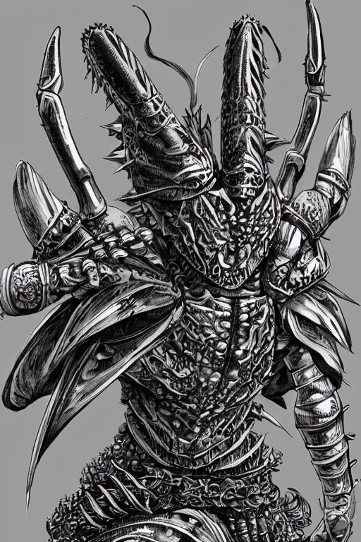 Image similar to human warrior, crab themed armour, crab claws symmetrical, highly detailed, digital art, needles, sharp focus, trending on art station, kentaro miura manga art style