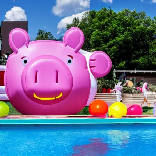 Image similar to a large inflatable float of Peppa Pig in a luxury hotel swimming pool