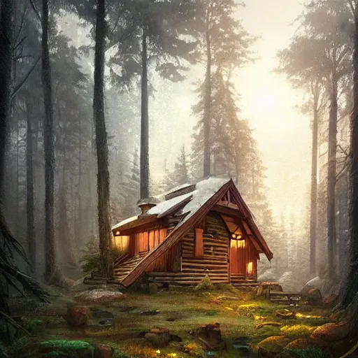 Image similar to a wooden cabin in the woods, magical forest, by Jordan Grimmer and greg rutkowski, crisp lines and color,